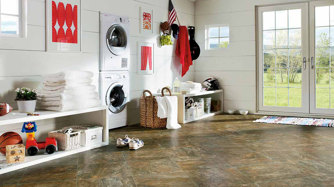 Vinyl flooring in laundry rooms.